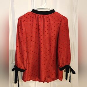 E&M Anthropology Small Blouse Button Up 3/4 Tie Sleeves Rust Red W/ Dots EUC